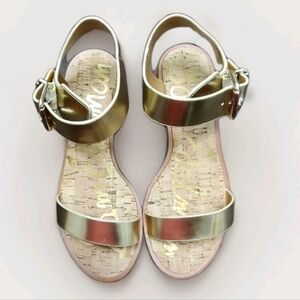 Sam Edelman Women's Trina 2 Gold Shine Liquid Metallic Sandals Sz.7 Cute Heels